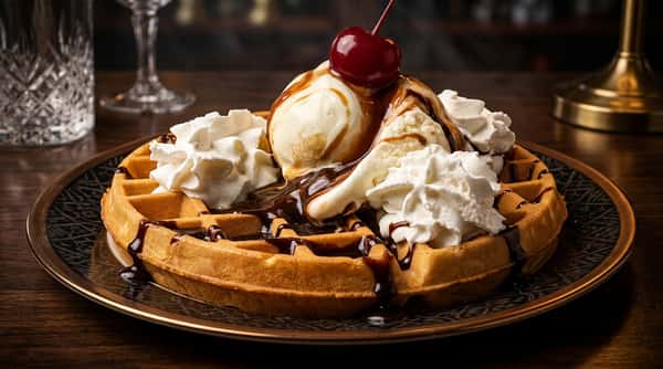 Waffle dessert with vanilla ice cream, chocolate and caramel syrup, whipped cream, and a maraschino cherry.