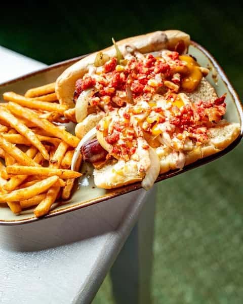 Loaded gourmet hot dog topped with melted cheese, grilled onions, and crunchy crumbles, served with crispy French fries on a casual restaurant plate.