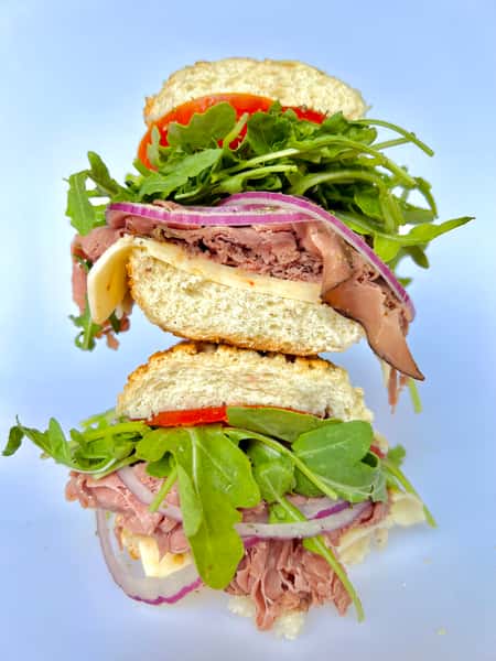 Ingredients: Roast Beef, Pepper Jack, Red Onions, Arugula, Balsamic Glaze, Tomatoes, Oregano, Mayonnaise