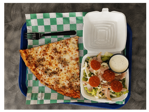 1 SLICE SAUSAGE, SIDE SALAD AND A DRINK