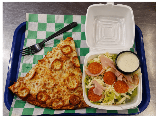 1 SLICE PEPPERONI, SIDE SALAD AND A DRINK
