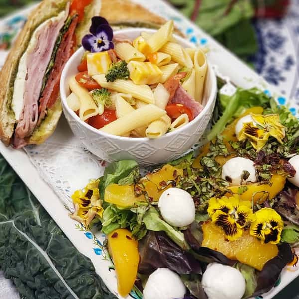 pasta salad and sandwich