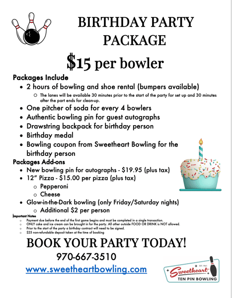 Sweetheart Bowling birthday party package information