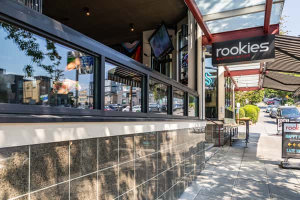 Street view with patio seating.