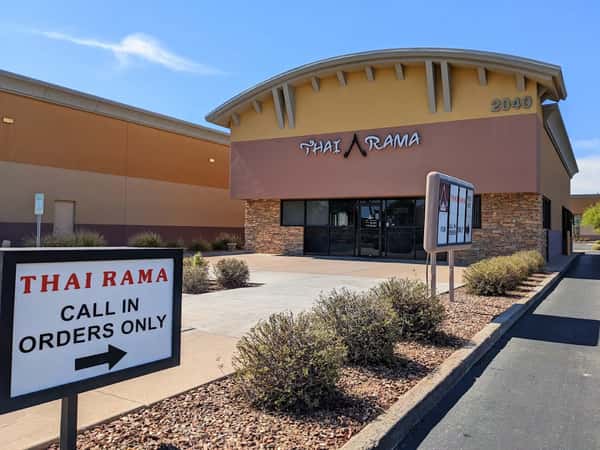 Thai Rama restaurant with a sign indicating "Call In Orders Only" outside its storefront at 2040 in a shopping center.