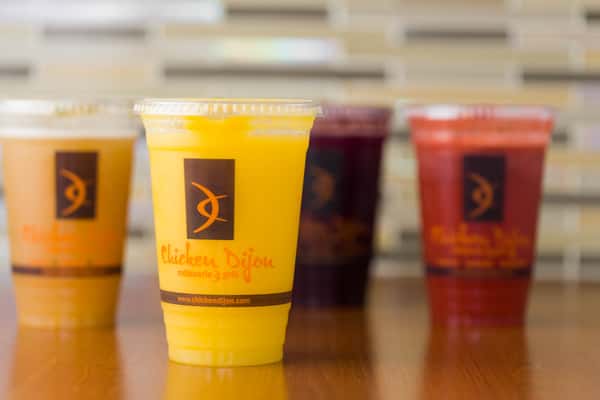 assorted juices at at chicken dijon in el segunado and renondo beach, ca