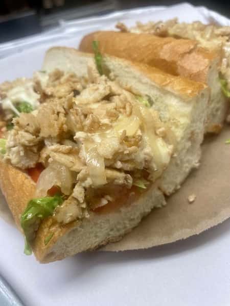 12 oz thinkly chopped chicken sauteed with your choice of cheese and toppings, served on a lightly toasted 12" Hoagie.