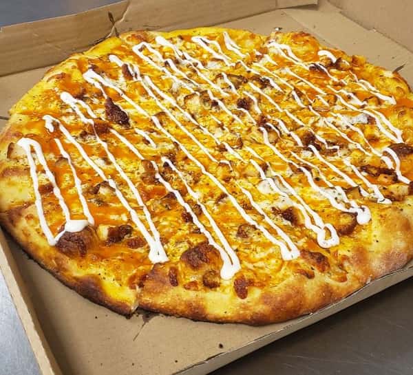 Not too spicey Buffalo Chicken Pizza is served with your choice of Breaded or Grilled Chicken, Ranch or Blue Cheese dressing. (For Ranch, we will add to the pie after baking, Blue Cheese is always served on the side).