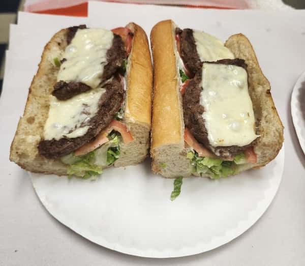2 all beef juicy patties with your choice of cheese and toppings swerved on a lightly toasted 12" Hoagie