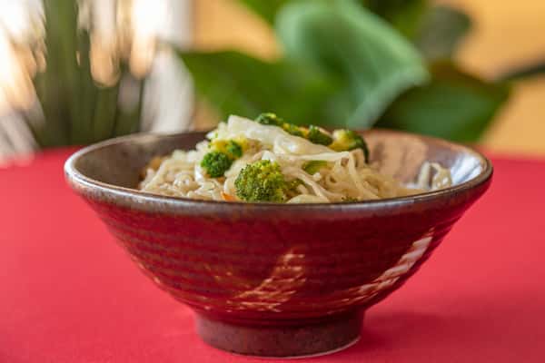 Stir-fried rice noodles with broccoli and cabbage in a ceramic bowl, served over a red table with leafy green plants in the background.
