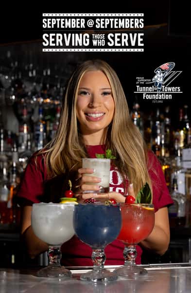 picture of a lady bartender with the september at septembers drinks and the graphic of the event with the tunnel to towers logo