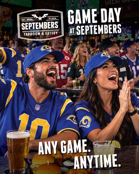 an image of guests at septembers wearing football jerseys and cheering with graphics that say Game Day at Septembers