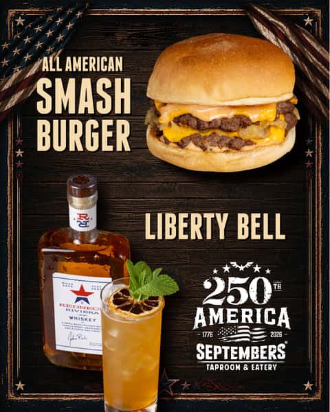 Graphic of the All AMerican Smash Burger and the Liberty Bell cocktail