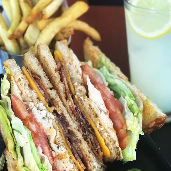 open faed blt sandwich with fries