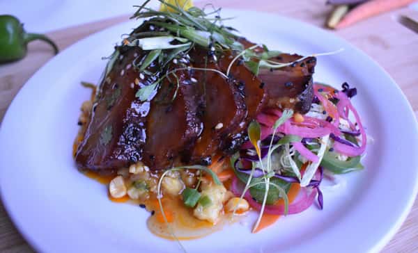 Korean Candied Pork Belly with Cheese Corn Risotto