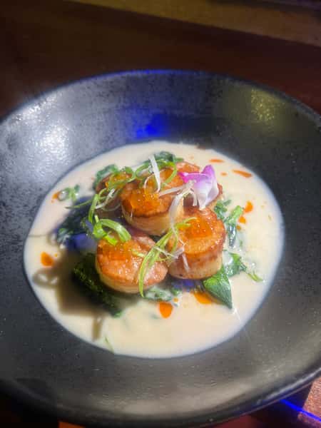 Pan-Seared Scallops with Pineapple-Coconut Sauce & Hot Honey Caviar