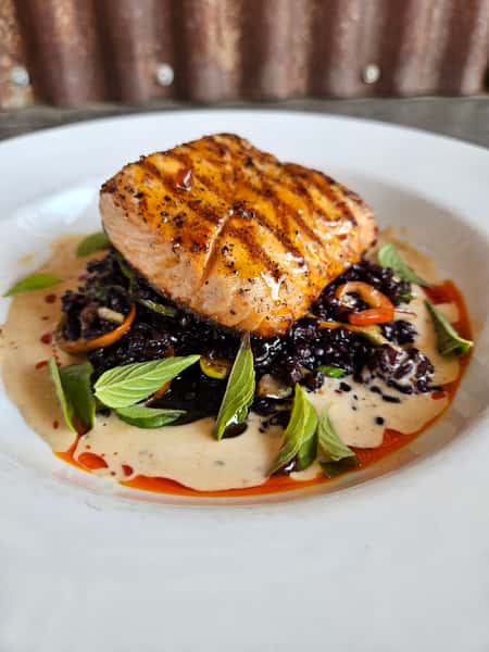 Mesquite-Grilled Hot Honey Salmon with Coconut Citrus Nage