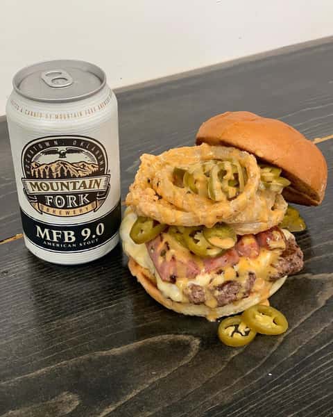 can of beer and artisan burger