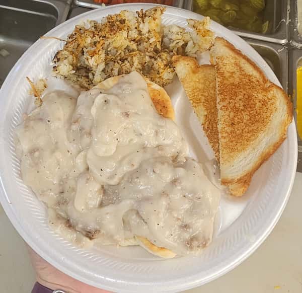 Biscuit, Sausage or Cream Gravy, Hashbrowns & Meat Choice