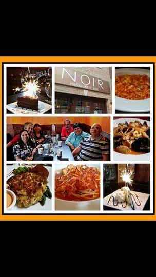 a collage of photos of food, friends, cake, and the storefront