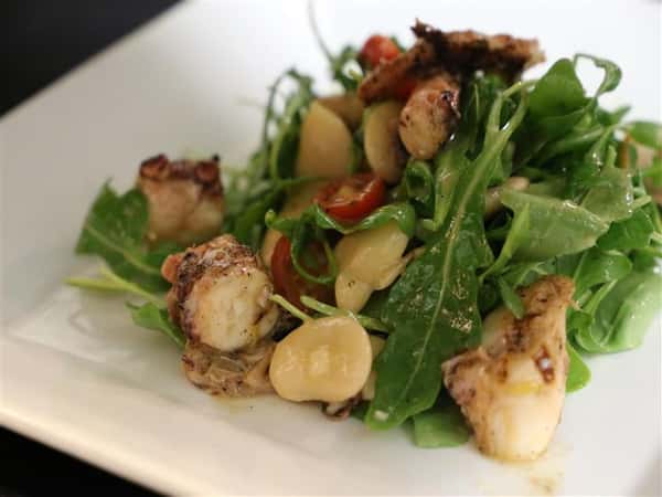 a salad on a plate with scallops