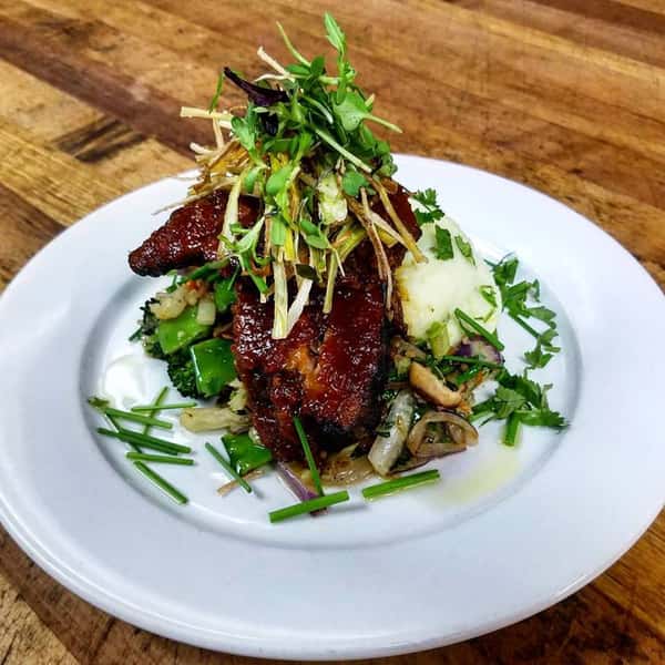 Slow Braised Asian Beef Brisket, Wasabi Mashed Potatoes, Mixed Vegetables, Pineapple Ginger BBQ