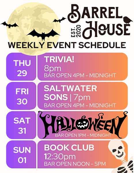 The Halloween weekend lineup is looking spook-tacular at BarrelHouse! š»š»
š§ THURSDAY: Trivia at 8pmāØš¶ FRIDAY: Saltwater Sons live at 7pmāØš SATURDAY: Halloween Shenanigans ALL DAY! Costumes encouraged, good times guaranteed! āØš SUNDAY: Smut Book Club at 12:30pm
Cold drinks, great people, live music and Halloween vibes! No tricks, JUST TREATS! š Whoās in?? šŗ #headtothehouse #killingworthct #ctshoreline #drinklocalct #halloween