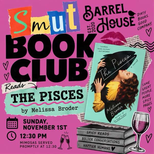 𝗦𝗔𝗩𝗘 𝗧𝗛𝗘 𝗗𝗔𝗧𝗘 🧜‍♂️🌊 Some book clubs discuss symbolism. Our next read discusses whether a merman is a red flag… 
📖 The Pisces by Melissa Broder 📅 November 1 • 12:30 PM 📍 BarrelHouse Smut Book Club 💋