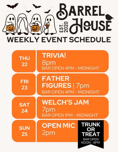 👻 Boo-ze, tunes, and good times await! 🎃 We’ve got a spooktacular lineup this week at BarrelHouse:
🧠 Thursday: Trivia at 8PM 🎸 Friday: Father Figures at 7PM 🎶 Saturday: Welch’s Jam at 7PM 🎤 Sunday: Open Mic at 2PM + Trunk or Treat!
Whether you’re here to win trivia, catch some live music, or show off your Halloween costume, we’ve got something brewing for everyone. 🍻 Come thirsty. Bring friends. Stay spooky. #headtothehouse #killingworthct #ctshoreline #drinklocal