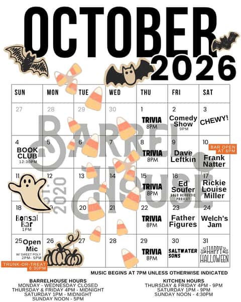October rolled in quickly with ghosts, bats, booze and bands! This month is serving full fall chaos! Come hang with us all October long!!