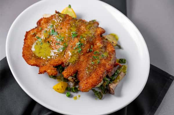 Crispy Jidori Chicken Schnitzel with Maitake Mushrooms