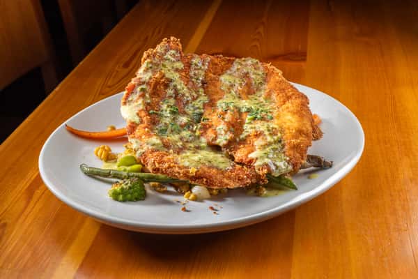Crispy Jidori Chicken Schnitzel with Maitake Mushrooms