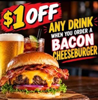 🍔 BACON CHEESEBURGER SPECIAL TODAY! 🍔
Grab a delicious Bacon Cheeseburger and get $1 OFF any drink! 🍺🥤
🎶 LIVE MUSIC TODAY 🎶🎸 Tim Hamin ⏰ 4–8 PM