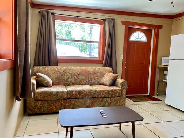 living area with sofa bed view