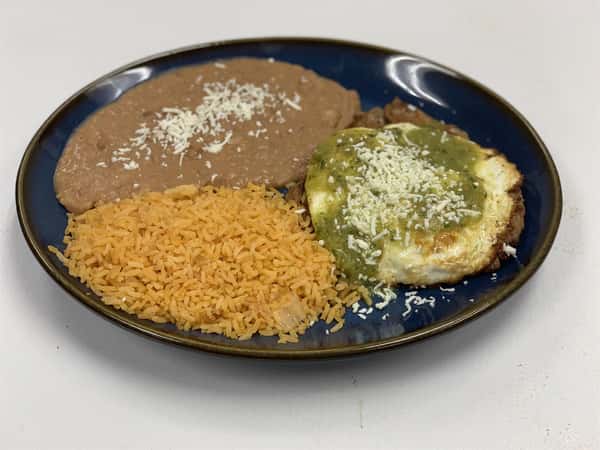 Huevos Azteca: Two eggs over easy, topped with cheese and green tomatillo sauce with carne asada, served with rice and beans