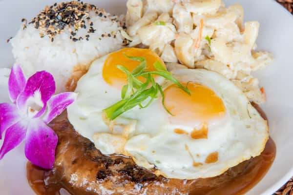 Loco Moco with burger patty, brown gravy and fried egg at Kalei's Kitchenette, Hawaiian comfort food San Diego