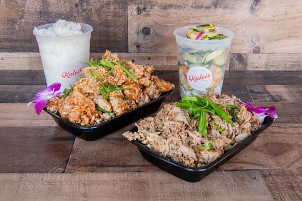 Kalei's Kitchenette Ohana Package with Hawaiian proteins and sides, perfect for feeding a group in San Diego