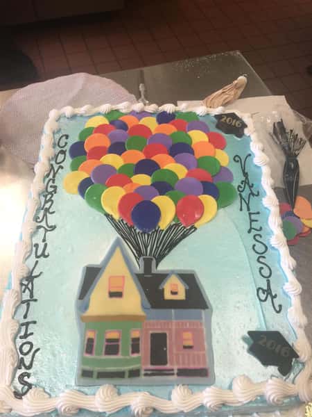 a cake with a drawing of the house from the movie, Up.
