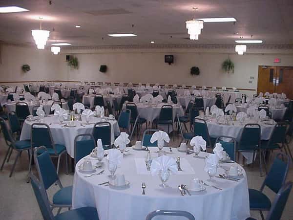 catering hall with decorated tables