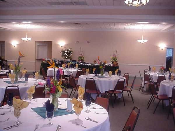 catering hall with decorated tables