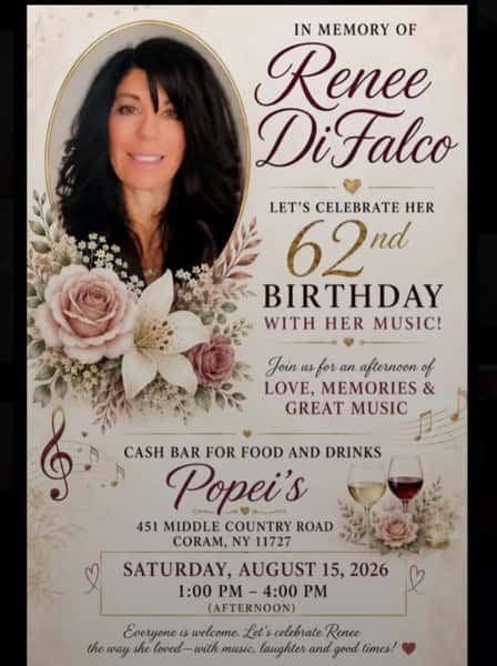 This Saturday, weāll be celebrating the life of a very special member of our Popeiās family, Renee DiFalco. ā¤ļø
In honor of what would have been Reneeās 62nd birthday, her family and friends will be gathering at Popeiās for an afternoon filled with the things she loved ā music, laughter, memories, and good times. š¶
Renee was more than a regular; she was part of the family, and weāre honored to be a place where everyone can come together to remember and celebrate her.
šļø Saturday, August 15th
š 1:00 PM ā 4:00 PM
š Popeiās Clam Bar ā Coram
š½ļø Cash bar for food & drinks
Everyone is welcome. Come raise a glass, share a memory, enjoy the music, and help us celebrate Renee the way she would have wanted. ā¤ļø
Gone from our tables, but never from our hearts. šļø