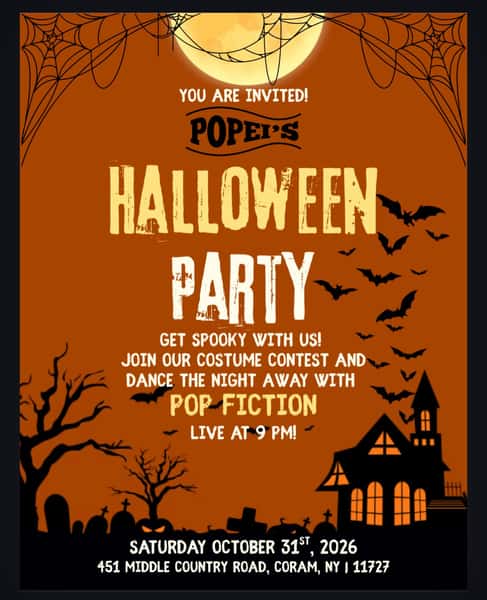 Calling all boos! 👻🍻 Spend Halloween night at Popei’s for a scary good time! 🎃
Come dressed to impress for our COSTUME CONTEST, then dance the night away with POP FICTION live at 9 PM! 🦇🎶
🗓 Saturday, October 31
📍 451 Middle Country Road, Coram
Grab your crew, plan your costumes, and let’s get spooky! 🧡🖤
#popeisclambar #popeiscoram #lifoodie #halloweenparty #costumecontest