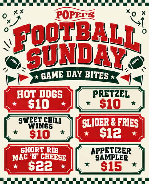 Your Sunday lineup: football, good food & your favorite people 🏈🍻

From sweet chili wings to short rib mac ’n’ cheese, we’ve got your game day cravings covered! Grab your crew and spend Football Sunday at Popei’s! 🙌

#popeisclambar #popeiscoram #lifoodie #footballsunday #gamedayspecials