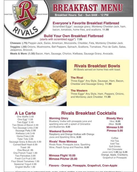 Make your Sunday delicious with Brunch at Rivals Brew Pub! 🍳🥓 Served until 12 PM. Gather your friends and family for a perfect start to the weekend.
#RivalsBrewPub #SaturdayBrunch #WeekendFun #Foodie