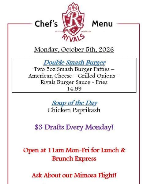Rivals Brew Pub Chef's Menu for Monday October 5th
$3 Pints Every Monday
Double Smash Burger starting at 4pm!
Guardians at 5pm!
See you Soon!