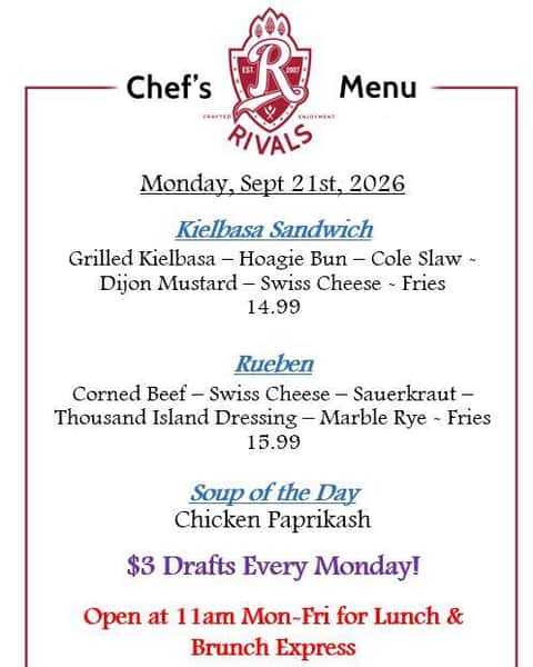 Specials starting at 4pm!
Plus, $3 Drafts Every Monday and Monday Night Football!
See you Soon!