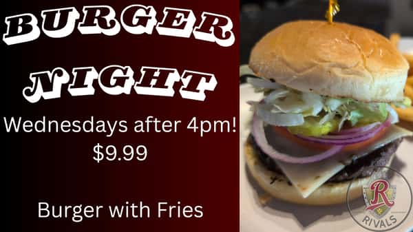 Wednesday is Burger Night plus the return of NFL Football!
Super Bowl rematch to open the season!
#RivalsBrewPub #wednesdaynightfootball #NFL #BurgerNight