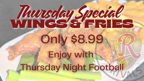 Thursday means wings! 🍗 Get 5 traditional wings + fries for $8.99 starting at 4 PM at Rivals Brew Pub. Plus, enjoy Happy Hour until 7 PM! Plus, Thursday Night Football with the Lions in Buffalo to take on the Bills!
#RivalsBrewPub #WingNight #HappyHour #FoodSpecials #CLE