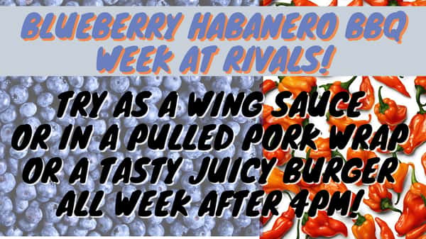 We have an Hot & Sweet Blueberry Habanero BBQ sauce this week!

Available on our Wings & Our Kitchen has created a Pulled Pork Wrap & a Burger Featuring this sauce.  Wrap & Burger available after 4pm. Wing sauce All Day!

See you Soon!