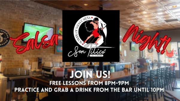 An image of the bar area in soft focus and an ad for Salsa Night on April 2nd